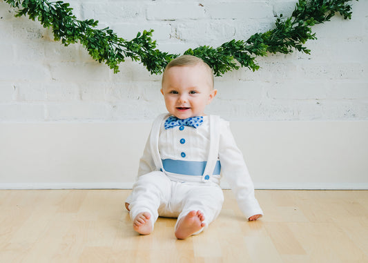 Baby Boy Tuxedo Outfit with Blue Polka Dot Accents