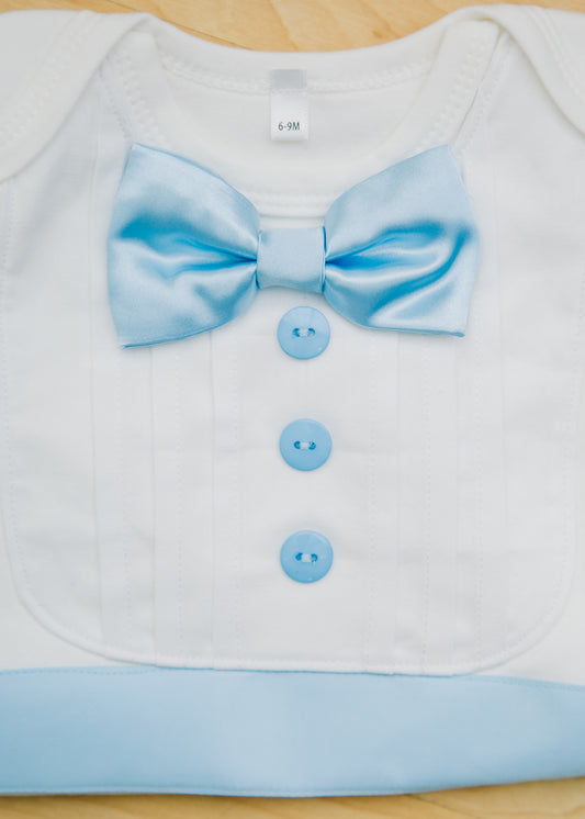 Tuxedo Outfit with White Leggings and Baby Blue Accents