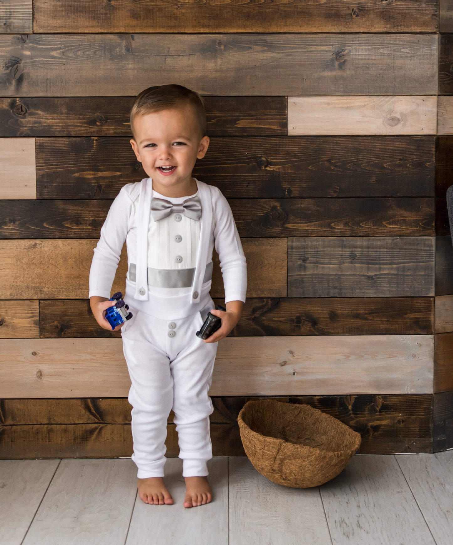 Baby Tuxedo Outfit - White with Gray Accents