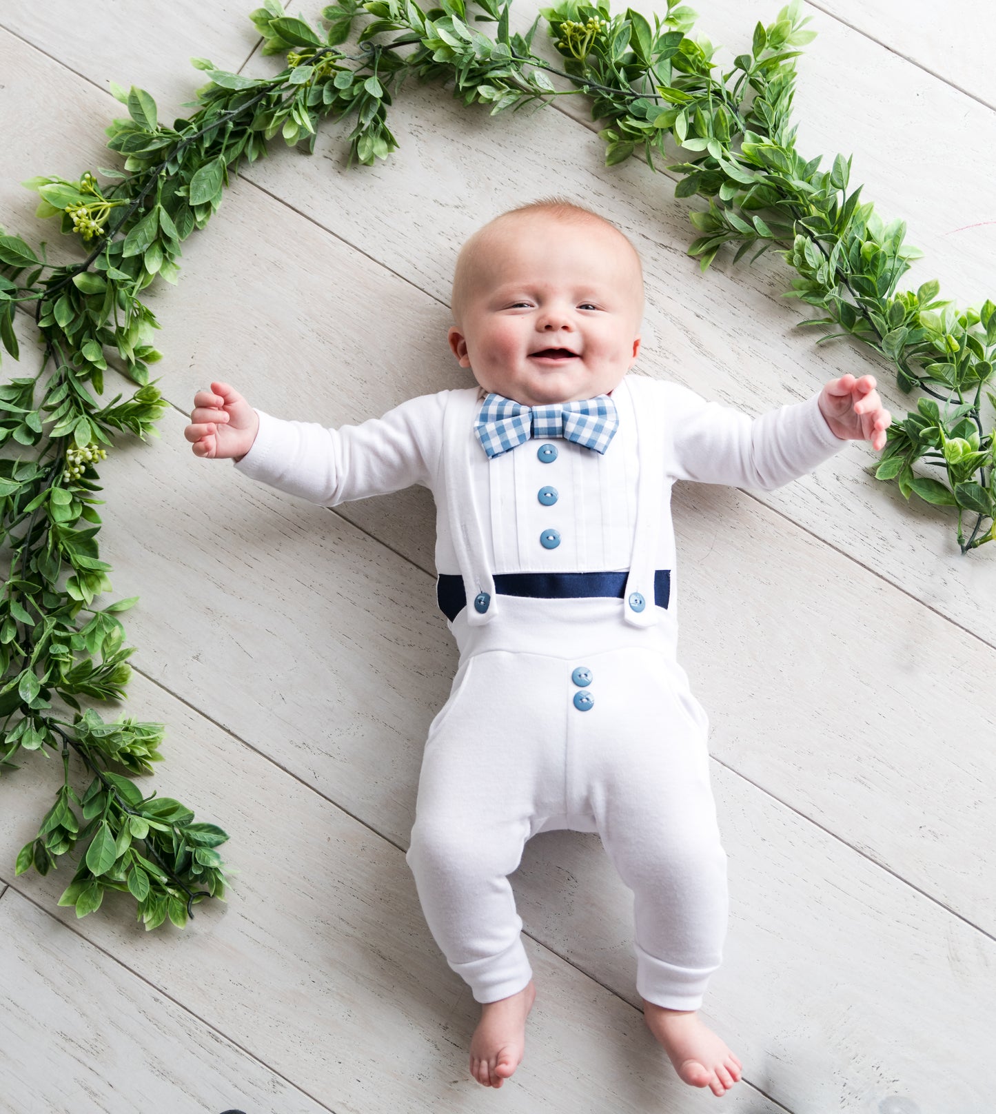 Baby Tuxedo Outfit - White with Navy Blue and Gingham Accents