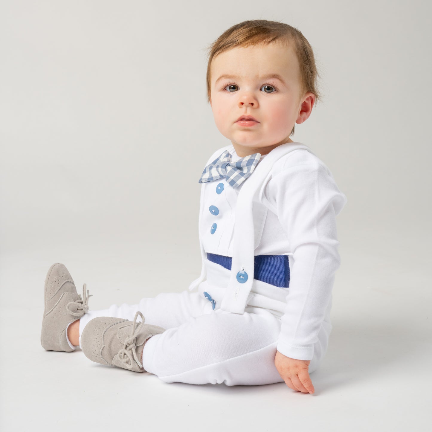 Baby Tuxedo Outfit - White with Navy Blue and Gingham Accents
