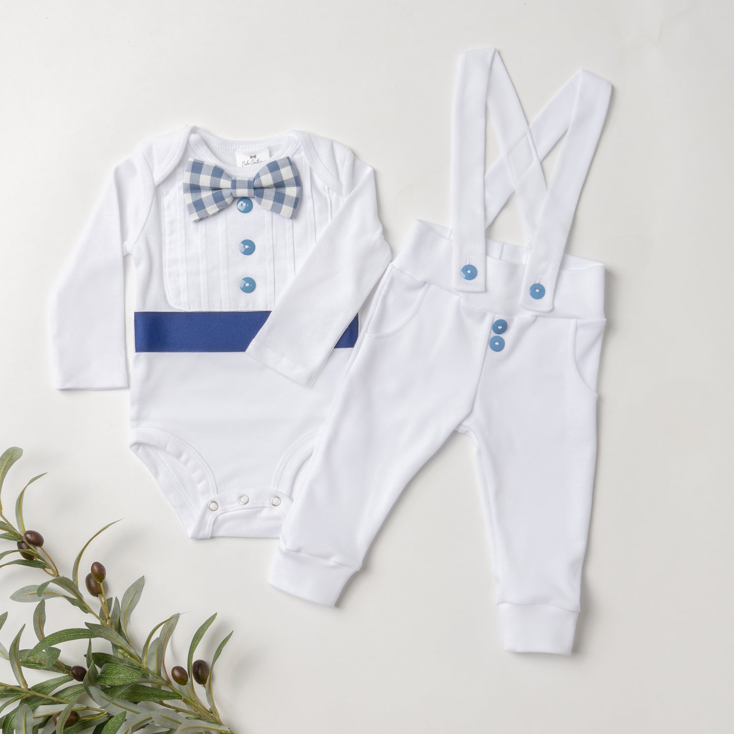 Baby Tuxedo Outfit - White with Navy Blue and Gingham Accents