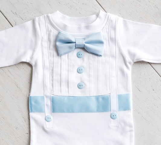 Baby Boy Tuxedo Romper - Baby Blue Accents