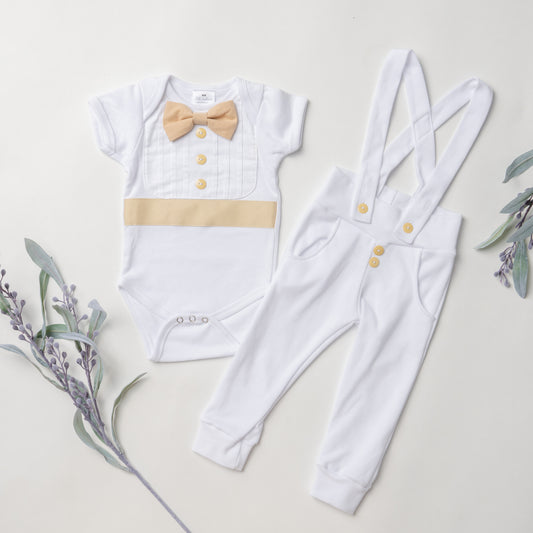 Tuxedo Outfit with White Leggings and Tan Accents